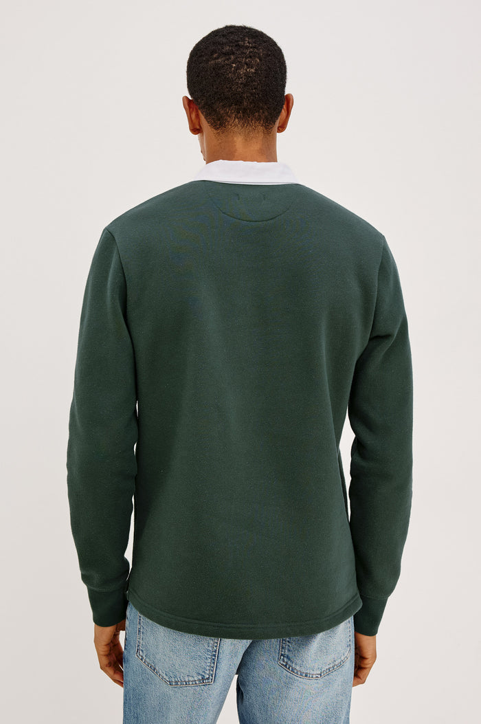 Wright Shirt in Midweight Fleece, Brushed Backing, Relaxed Fit, Vintage-Inspired Contrast Rugby Collar, Two-Button Placket, and Straight Hem With Side Slits in Duck Green Colorway - Upper Body Back View Featured on Model
