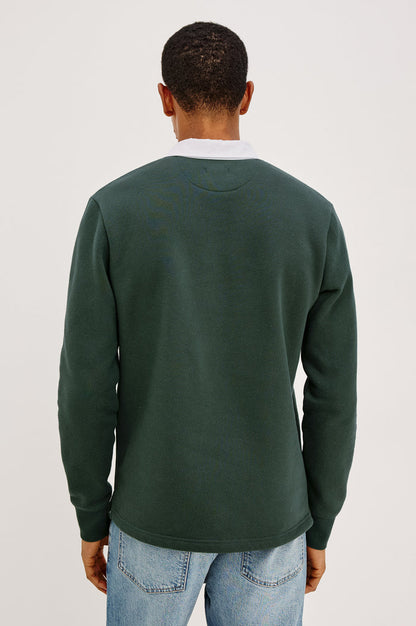 Wright Shirt in Midweight Fleece, Brushed Backing, Relaxed Fit, Vintage-Inspired Contrast Rugby Collar, Two-Button Placket, and Straight Hem With Side Slits in Duck Green Colorway - Upper Body Back View Featured on Model