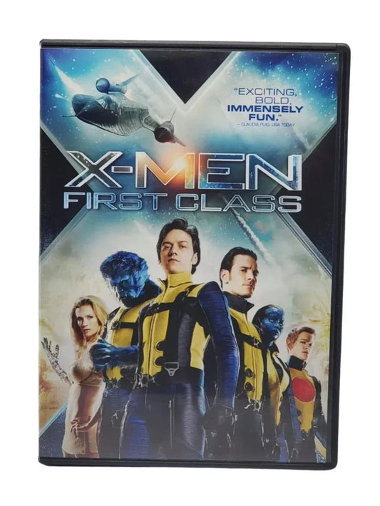 X-Men First Class DVD cover showing main mutant characters in yellow suits with jet in background