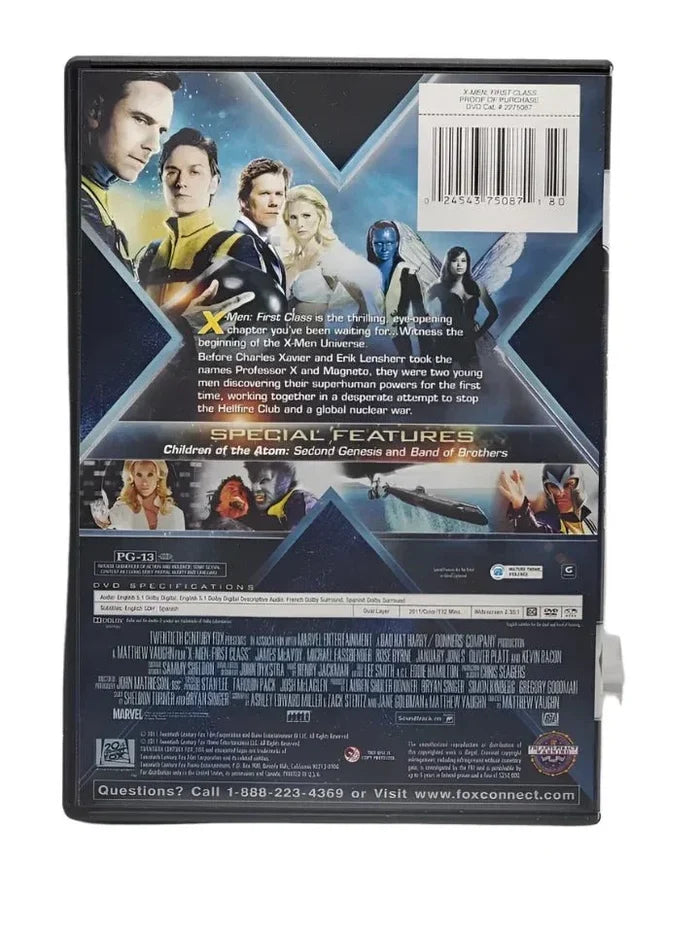 Back cover of X-Men: First Class DVD showing main characters, movie summary, and special features.