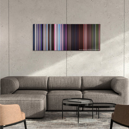 Zoolander color palette canvas on a concrete wall above a gray sectional sofa